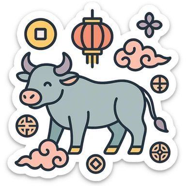 ox, symbol of the year in feng shui, Chinese style, thin clean outlines, soft rounded shapes, pastel palette #98B5BC, #B5B3C1, #C9A3C9, #E4C0CA, #F7DCD1, #F7C0AA, modern Japanese pop art and sticker aesthetics, detailed shadows and highlights, soft lighting, transparent background, with Chinese decor (coins, lanterns, clouds, patterns) sticker
