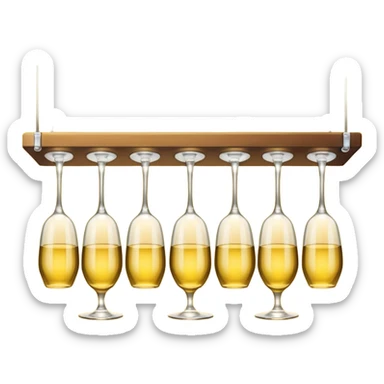 A row of hanging wine glasses upside-down under a yellow light shelf
 sticker