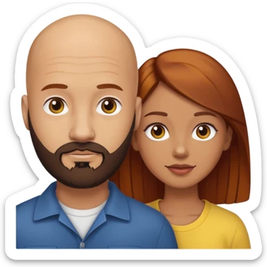 Couple. A bald man with dark brown beard and a girl with light skin. She has dark yellow brown auburn hair. sticker