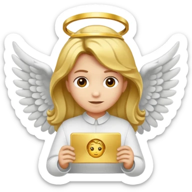 "Um emoji de anjo com cabelos loiros, um halo, asas, segurando um sinal de 'compartilhar' em letras em negrito." sticker