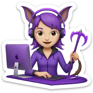 a happy purple girlie bat holding a scythe while sitting in front of her computer sticker