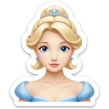 Cinematic Elegant Cinderella Portrait Emoji, rendered in a cinematic, vector-style with minimal shading and bold, simplified shapes. Depict Cinderella in her classic ball gown (chest and above) with fair, porcelain skin and elegantly styled blonde hair, her eyes soft and kind, and her expression serene and graceful. The design glows with a gentle, enchanting radiance and high shine, capturing the timeless beauty of a fairy tale princess. sticker