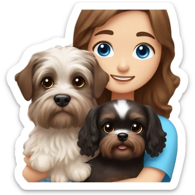 Brown long wavy hair blue eyes girl brown haired boy with blue eyes cuddling a brown dachshund and black fluffy shih tzu sticker