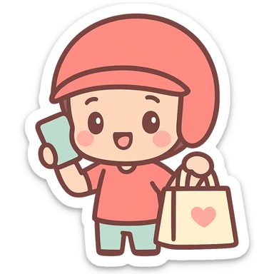 food delivery man in red, wearing red helmet, on the phone, kawaii chibi anime style, flat pastel colors, thick outlines, simple cute features, holding a food bag sticker