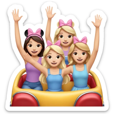 quatro chicas montadas en una atraccion de levantando la mano con orejas de Disney puestas en una atracción sticker