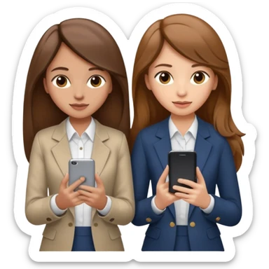 two brown haired girls, looking professional maybe leaned on each others back and looking forward and using phones, with long hair and one girl can hold lap top another one can hold the phone, professional clothes, more stylish sticker