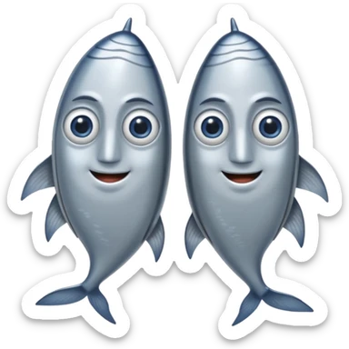 two whole sardines side by side, silvery skin, blue-gray, fine scales, slim elongated bodies, pointed heads, visible eyes, curved tails, soft lighting, emoji scale sticker