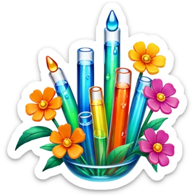 Create an icon that represents decorative arts using epoxy resin. The design should feature colorful tubes of resin, including fluorescent resin tubes, with visible drops or strokes of resin being applied to create intricate designs. Include finished resin jewelry pieces, such as pendants or rings, containing preserved flowers and insects encased in clear resin. The composition should feel vibrant, artistic, and delicate, showcasing the unique beauty of resin art with natural elements. The background should be transparent sticker