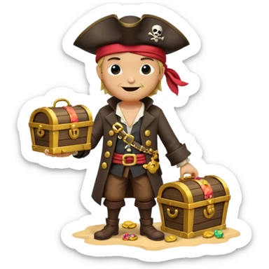 A 3D cartoon pirate character with one eye covered by a black eye patch, holding a treasure chest filled with gold coins and jewels, standing on sandy ground, wearing a pirate hat and coat, warm sunset lighting, realistic Memoji-style rendering. sticker