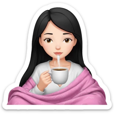 black haired girl inside a pink blanket sipping coffee with eyes closed and lashes sticker