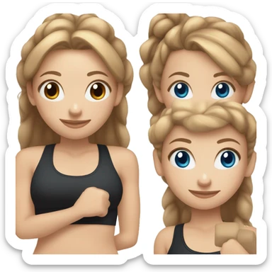 Gym girl lifting weights,light brown hair in a bun blue eyes, smiling wearing black gym leggings sticker