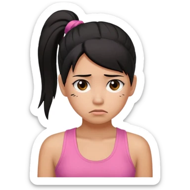 A tan girl with black hair in a ponytail. Wearing a pink tank top. Looking sad sticker