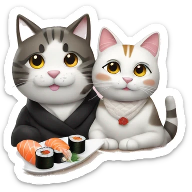 Couple eating sushi sushi sat next to a cat sticker