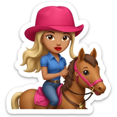 cinematic realistic - a seductive girl rides a pony and wears a huge lipstick on her head sticker