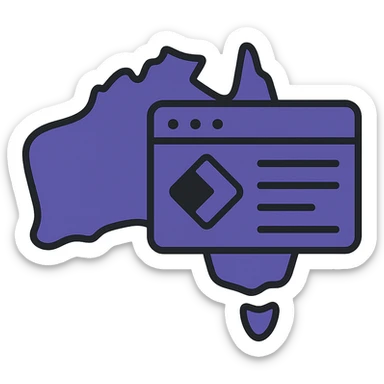 Integrate the official Microsoft Power Pages icon prominently into the map of Australia with digital web page overlay, use #403DAD as the main color, keep the modern and techy look, no text sticker