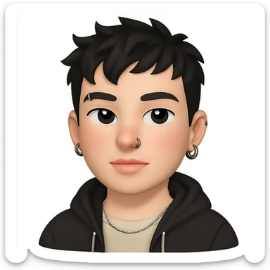 AI emoji avatar of a modern young man with short tousled black hair, fair flushed skin, pink lips, nose and eyebrow piercings, silver earrings, thin chain necklace, casual trendy outfit like hoodie or jacket over t-shirt, neutral confident look, soft cartoonish realistic style, focus on face and accessories sticker