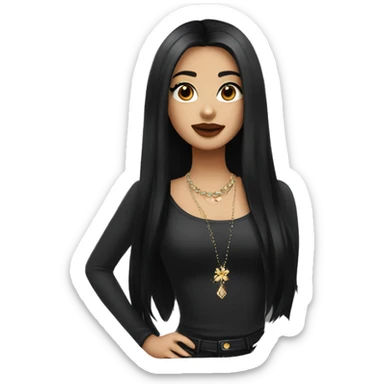 girl with long black hair with brown eyes plump lips with long eyelashes in a black top and jewelry on her neck sticker