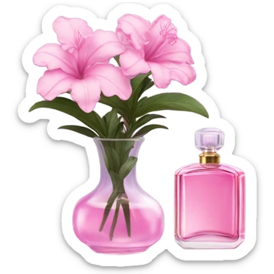 Aesthetic ensemble of soft pink azaleas alongside a charming vintage purple perfume bottle.
 sticker