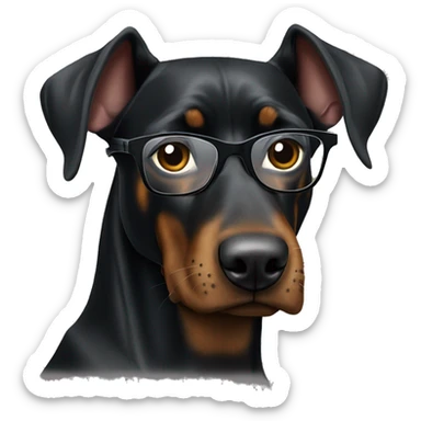 black Doberman with brown spots in a gray sweatshirt and wearing glasses with black frames, positive sticker
