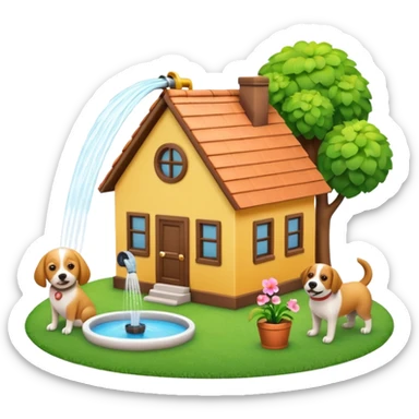 Make a 3D emoji Illustration of A house and there is a woman watering her plants while a dog is playing around on the grass sticker