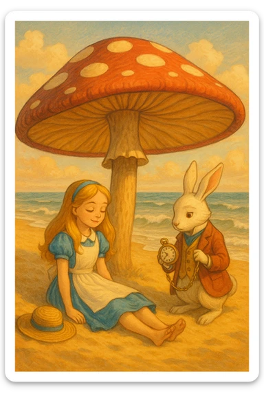Alice and the White Rabbit enjoying a beach day under a mushroom-shaped umbrella, fantasy illustration, warm colors, gentle waves in background sticker