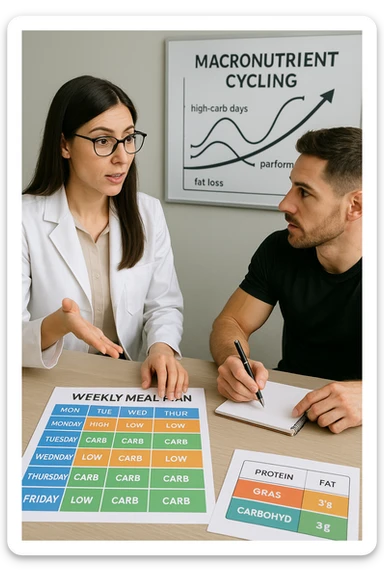 a nutritionist explains to an athlete how to cycle macronutrients for fat loss and training. On the desk, a weekly meal planner shows alternating high-carb and low-carb days, with color-coded sections for proteins, fats, and carbs. The athlete takes notes, and a chart in the background illustrates the benefits of nutrient cycling. The mood is professional and educational. scritto in italiano sticker