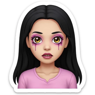 light-skinned Black zombie girl with black eyes, long black hair, no bangs, wearing a light pink blouse sticker