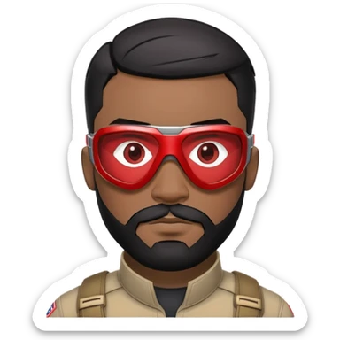 sam wilson with  short, neatly cropped black hair and a well-groomed beard that connects to his mustache,  wear sleek, red-tinted tactical goggles fit snugly from captain america: civil war sticker