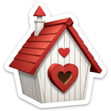 a birdhouse with a normal circular hole and a red roof with the rest white and a heart at the top but below the roof sticker
