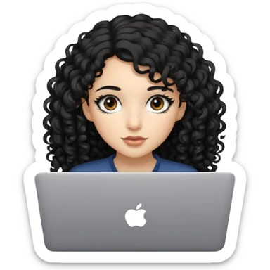a girl typing mac book air with long black curly hair and brown eyes with winged black eyeliner sticker