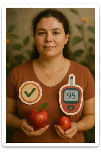 realistic cinematic portrait of a woman with PCOS, stable blood sugar thanks to proper nutrition, serene expression, symbols of health and well-being, vertical 2:3 aspect ratio, very few text sticker