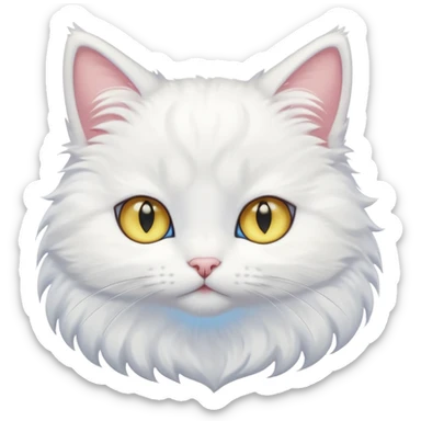 Make me a cute white fluffy cat anime style with one blue eye and one yellow eye, make the eyes big kawaii style sticker