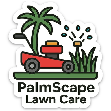Add the company name text 'PalmScape Lawn Care' in a modern, simple font below the logo. sticker
