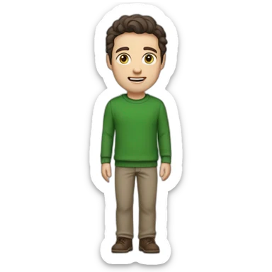 white guy, 30 years old, dark hair, medium height, blue eyes, wearing a green pullover, gray chinos and brown chelsea pants sticker