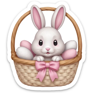 light pink bow on a beige white wooven basket. A bunny with its paws a bit out and sift white fur cute eyes sticker