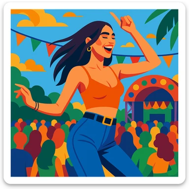 Dua Lipa dancing at a summer festival, energetic, colorful, outdoor scene sticker