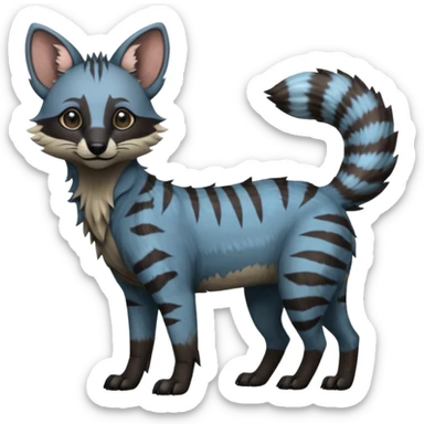 Realistic edgy bluish greyish blackish whitish silvery coppery Shiny Colorful Dusky Dark Gloomy Glossy Aardwolf-Genet-Lion-Bobcat-fusion-animal-hybrid-creature, full body, tufted ears, long thin tufted tail sticker