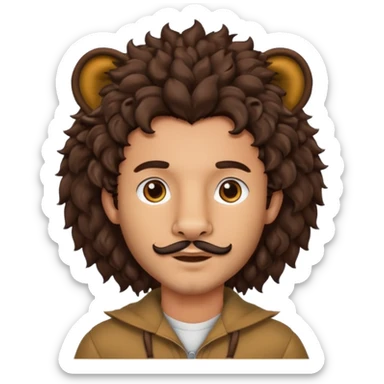 Make a guy with curly big dark browns hair and medium skin then give him lion ears and a little facial hair sticker