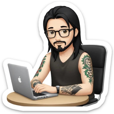 a young man with long black hair, with goatee, wearing glasses sitting with a laptop, tattoo inyout arms sticker