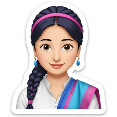 generate a pretty bratz emoji that looks like Kareena Kapoor's Geet character. 
Make her wear a white shirt with a colorful blue-pink dupatta wrapped around her neck. smiling big. Black hair tied into a side part ponytail

She should look exactly  like Kareena Kapoor sticker