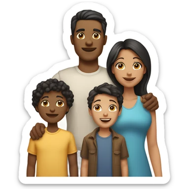 A family of five, mother with black hair and light skin, father bronzed skin and brown hair, middle daughter light skin and brown hair, small son and big son bronze skin and brown hair sticker