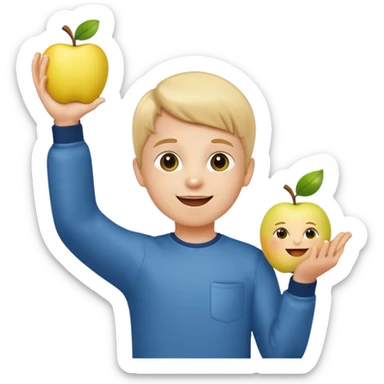 happy little kid with a phone, standing with one arm raised, apple style emoji sticker