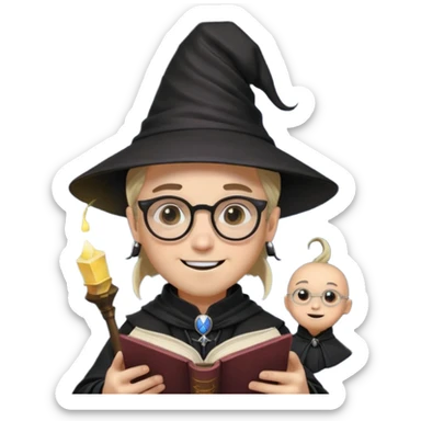 ["A happy boy with light skin, ponytail, wearing a wizard hat and square glasses, dressed in goth fashion, is reading a book while holding a phone."] sticker