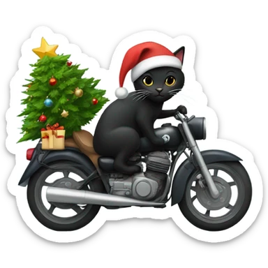 Black cat with a christmas tree as a hat and it’s riding a motorcycle sticker