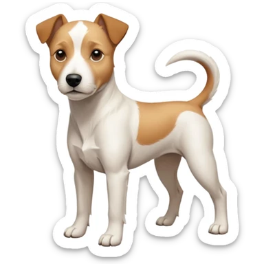 a full body facing front on of a buff white parson russell terrier looking dog the size of a kelpie with light brown long ears resting on its face and a light brown patch above one eye and a large snout. the rest of the dog is completely white.  sticker