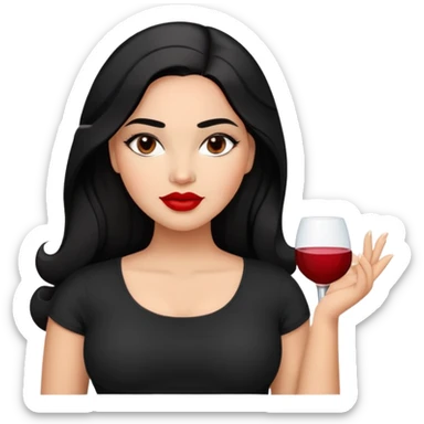 Confident curvier young woman with oval face, elegant features, medium brown skin, dark brown eyes, arched eyebrows, red lipstick, long black hair, fuller figure, wearing a black top sticker