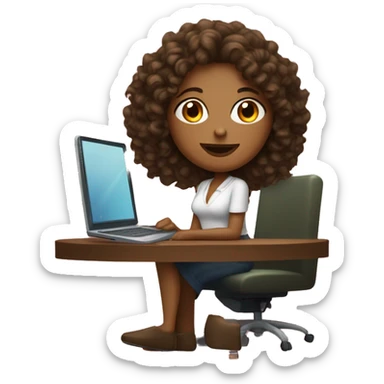 a woman with curly brown hair, not dark olive skin, with a computer in front of her, sitting cross-legged and with a glass of wine or a cocktail beside her sticker