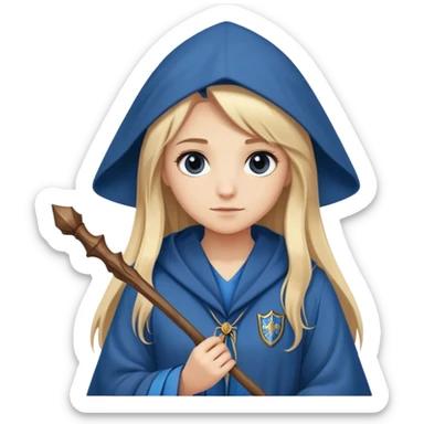 Girl with Long straight light blond hair with a ravenclaw Robe and a wooden small wand sticker