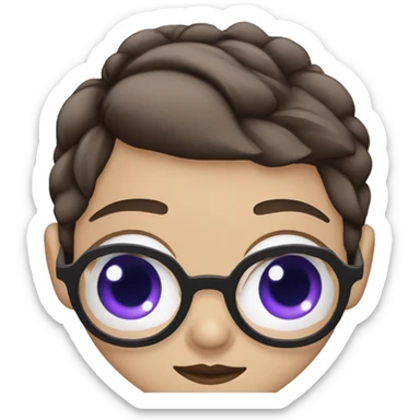 White Girl with blue eyes, square face, big lips, big teeth, long dark brown hair, purple glasses, well groomed eye brows sticker