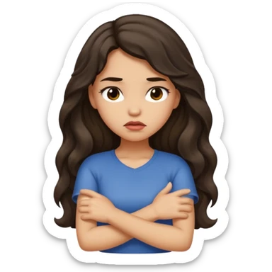 Light tan girl with dark, long, wavy hair crossing her arms and pouting sticker